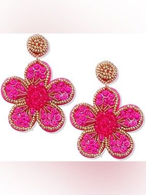 Flower Power Hot Pink Beaded Hanging Earrings